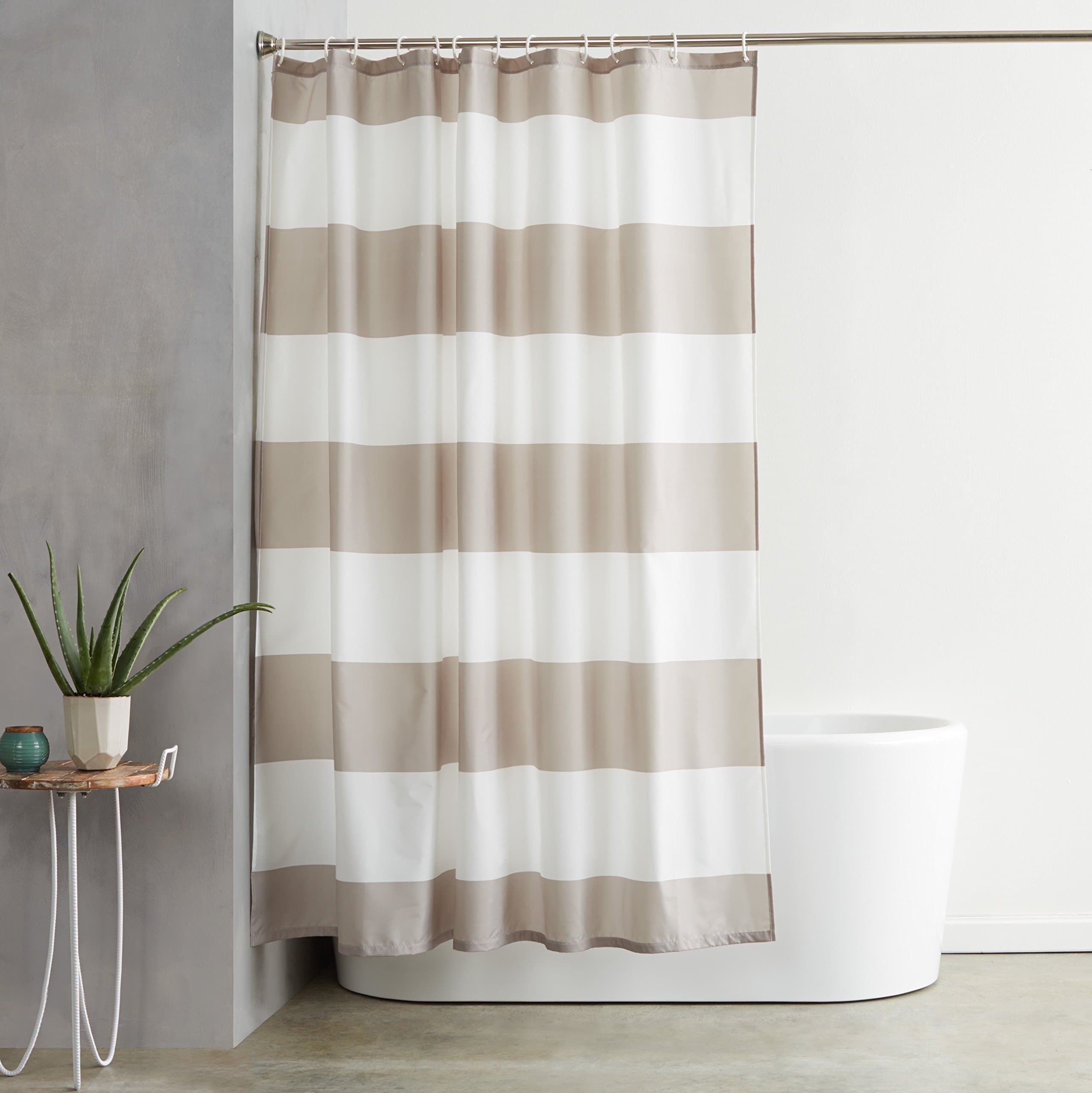 Shower Curtain with Hooks, Water and Mould Resistant Fabric, Machine Washable Bathroom Curtain, 183 x 183 cm, Grey Striped