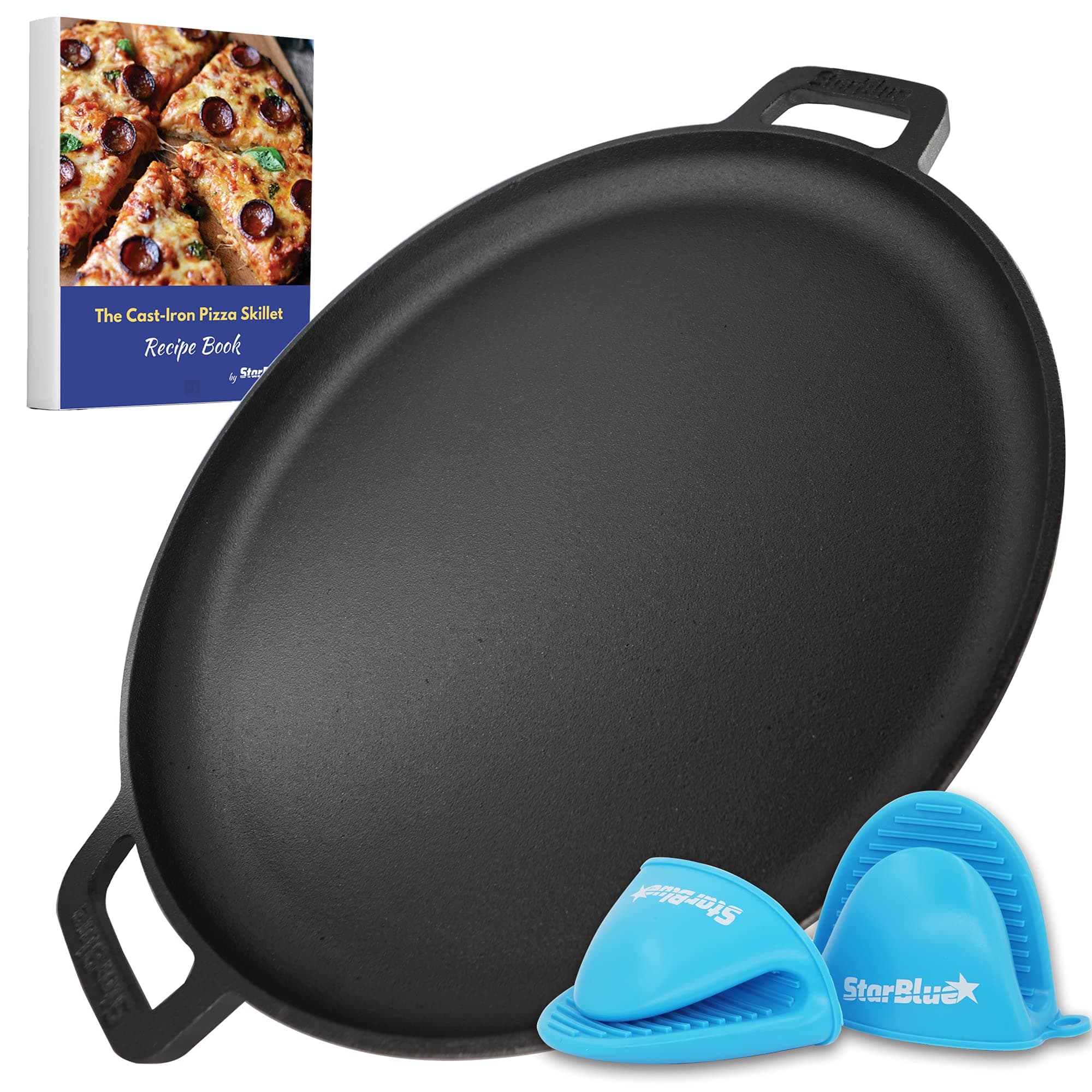 40.6cm Cast Iron Pizza Pan Round Griddle with Free Silicone Handles and 30 Recipes Ebook– Pre-Seasoned Comal, Kitchen Essentials for Lovers, Baking, Grill, BBQ, Stove Oven Safe
