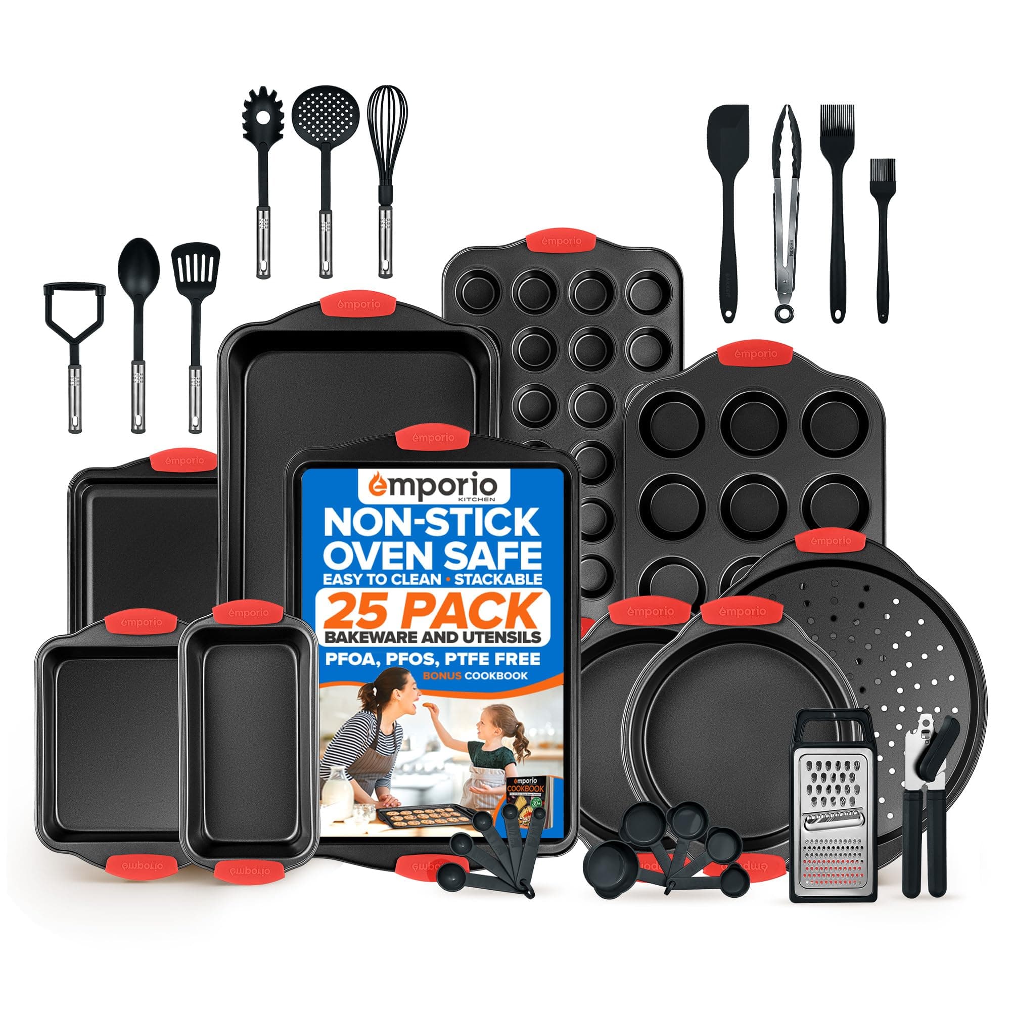 Baking Pan Set - Nonstick Coating, Carbon Steel Bakeware Set with Red Silicone Handles, PFOA, PFOS, PTFE Free, Recipe Booklet Included, Oven Safe Tray (Up To 450° F), Set of 25 - Black