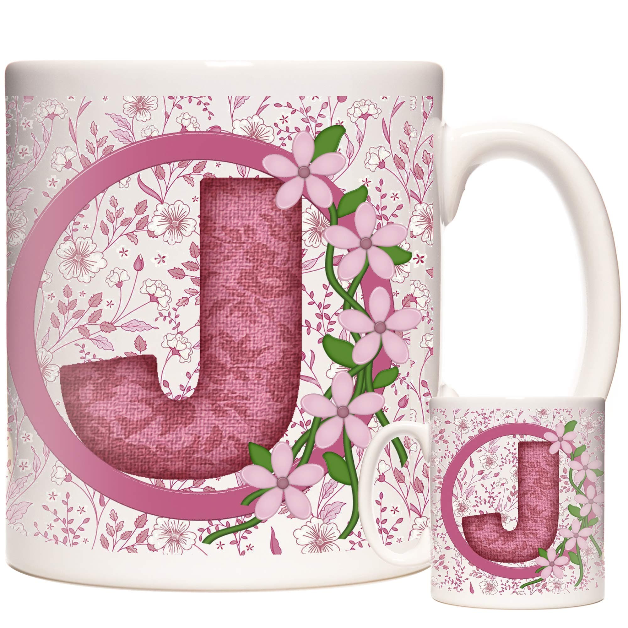 Letter J Gift Mug, Monogram J Mug, Alphabet Letter J Mug, Birthday or Celebration Gift for People Who's Name Begins with J. Pretty Pink Flower Design Mug, Stunning Letter J Gift.