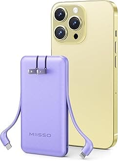 Ultra Slim 10000mAh Power Bank Built-in Cables and Foldable AC Wall Plug, Pocket Size USB C Portable Charger, External Battery Pack Compatible with iPhone Samsung, Purple