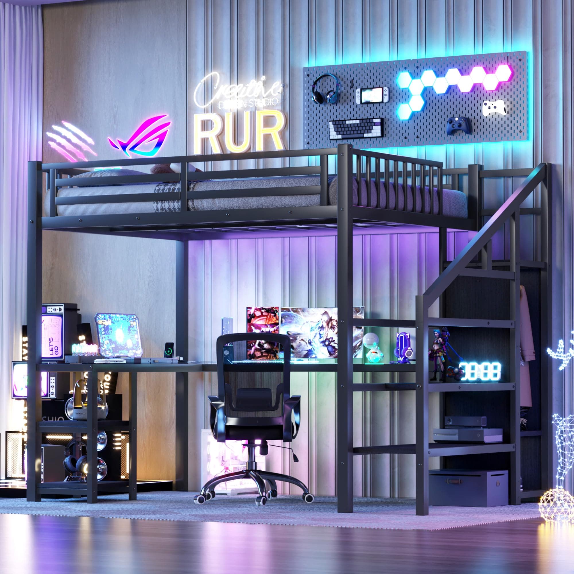 Full Size Loft Bed with Desk and Stairs, Gaming Loft Bed with RGB LED Light and Storage, Heavy-duty Metal Lofts Beds Frame with Wardrobe, Shelves and Charging Station for Adults Kids Teens, Black