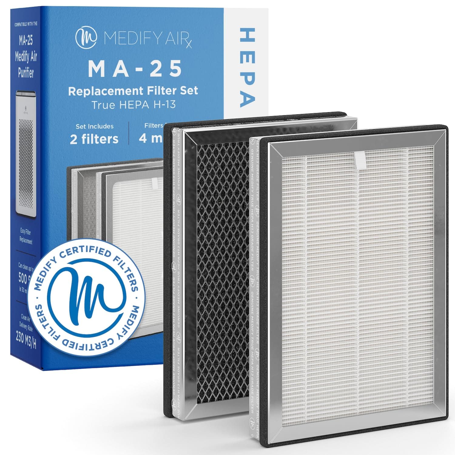 Medify MA-25 Genuine Replacement Filter Set for Allergens, Smoke, Wildfires, Dust, Odors, Pollen, Pet Dander | 3 in 1 with Pre-filter, HEPA H13 and Activated Carbon | Removal to 0.1 Microns | 1-Pack