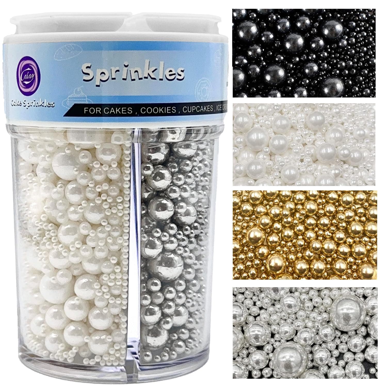 Sprinkles for Cake Decorating, Gold Silver White and Black Pearl Sprinkles Mix for Cookie Baking Ice Cream Cupcake Topping