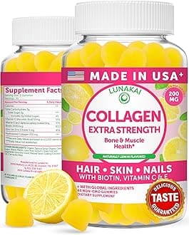 Lunakai USA Made Collagen Peptides Gummies - 200mg Non-GMO Anti-Aging Formula with Biotin, Zinc, Vitamins C & E for Hair, Skin and Nails, 60ct