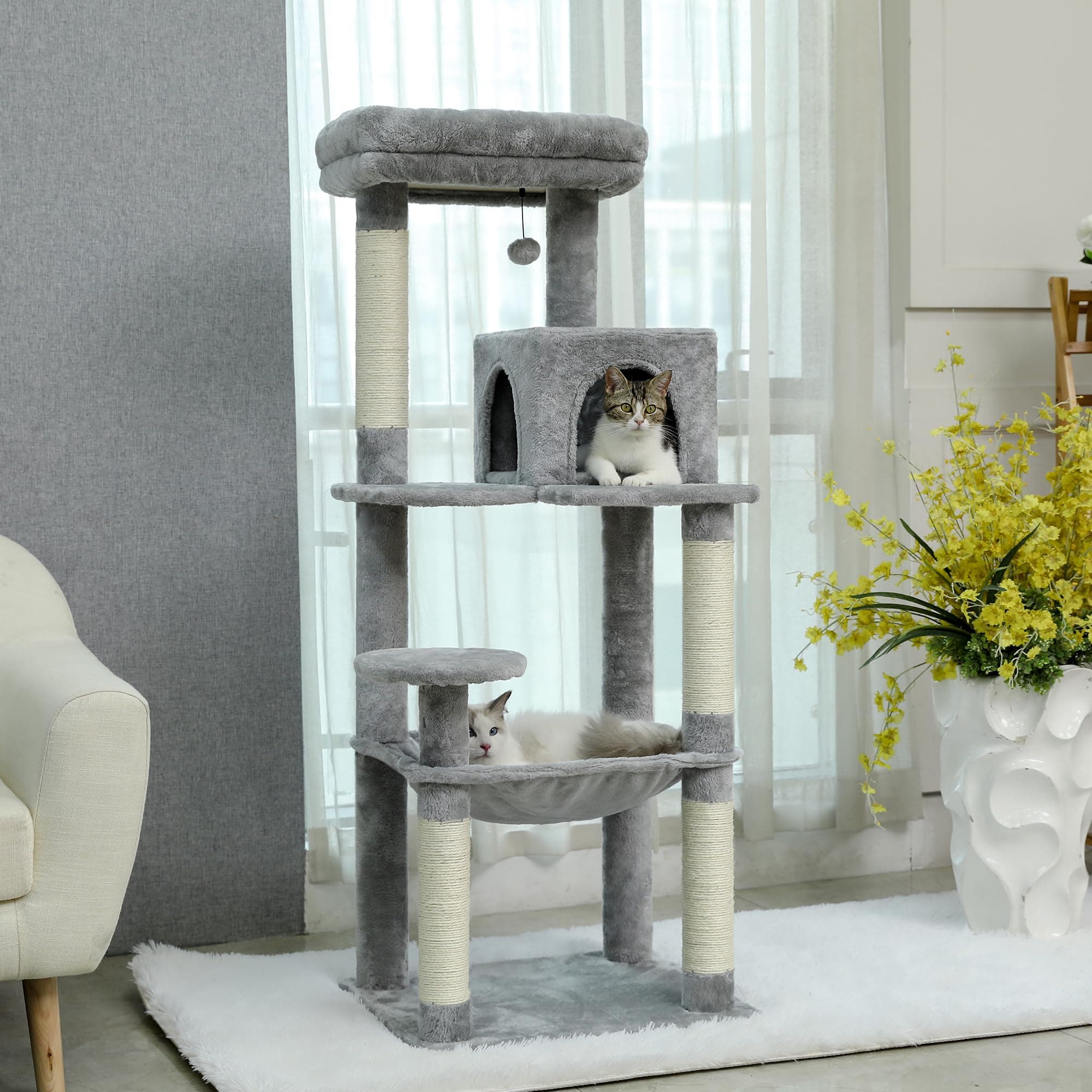 PAWZ Road Cat Tree, Big Cat Tower, Activity Center stable and sturdy, Cat Tree with hammock and lovely Cat House Grey 143cm/56.2"