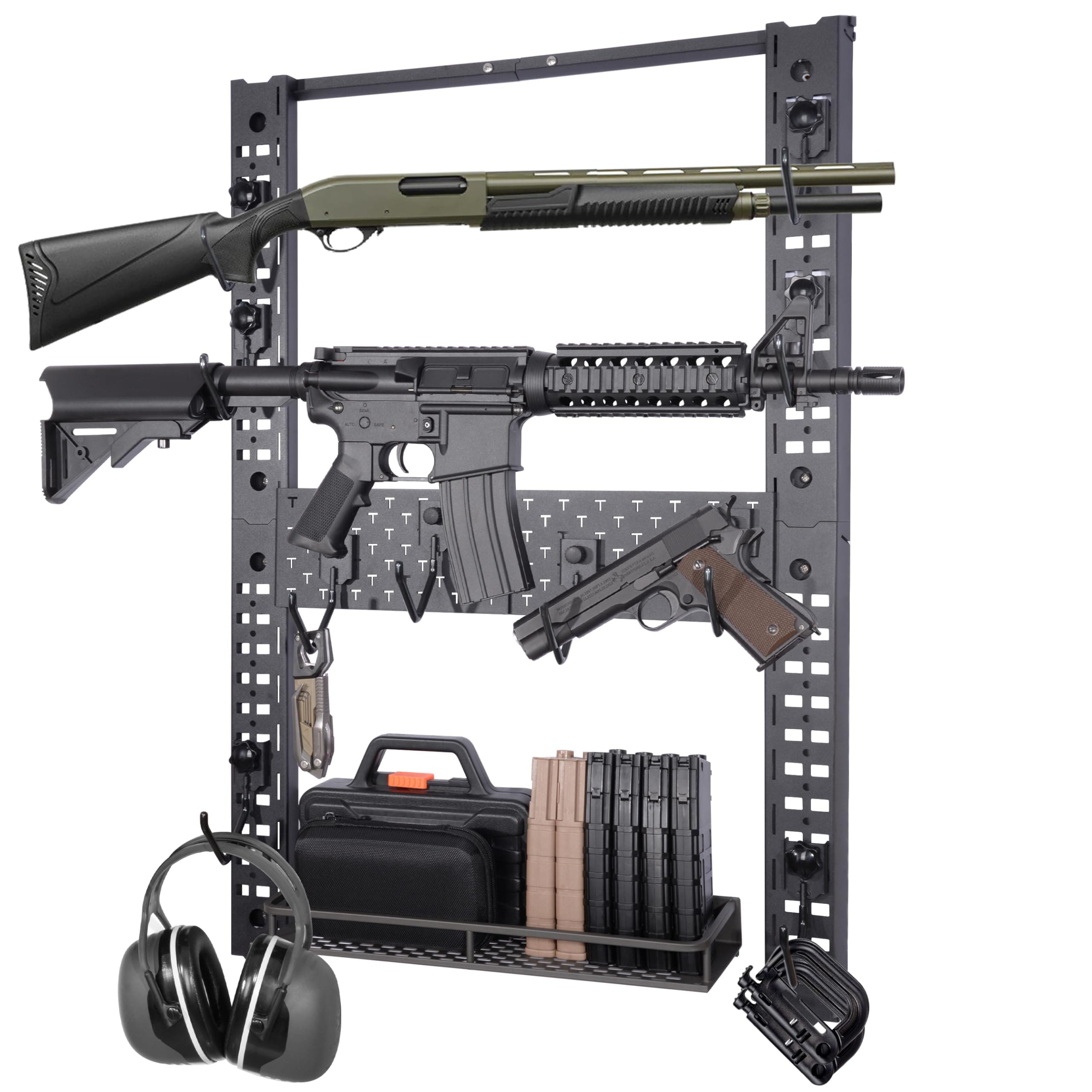 Modularity Gun Wall Mount, Hold Up 120LBS Gun Rack for Wall with 10 Mounting J-Hooks, Rifle Shotgun Rack with Additional Storage, 31.8" x 22" Tactical Gear Wall Mount, Functional Gun Racks