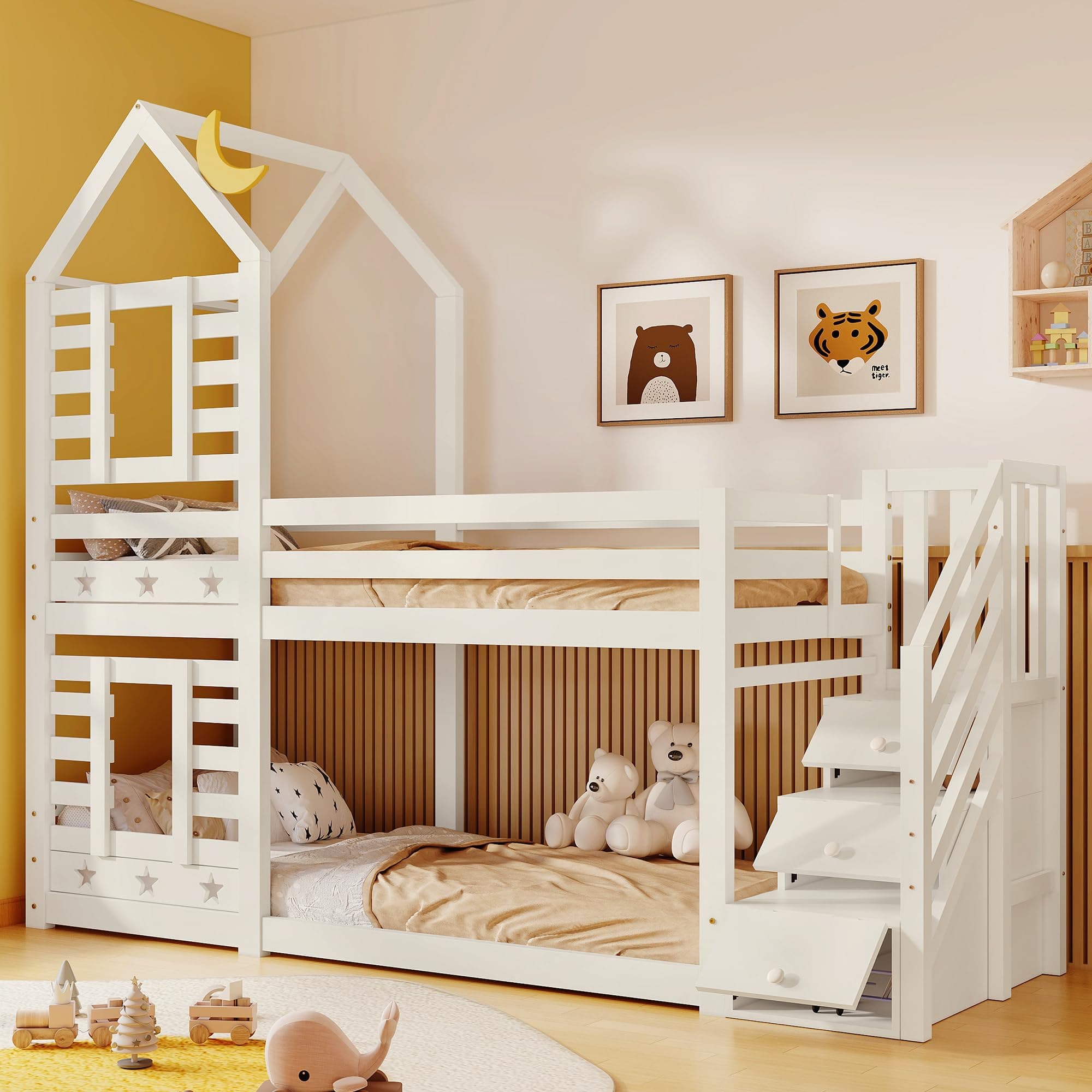 Bunk Bed with Storage, Children Cabin Bed Single Bed with Window for Kids, Twin Sleeper 190x90 cm, Solid Pine Wood, 3FT -White【UK Fast Delivery】