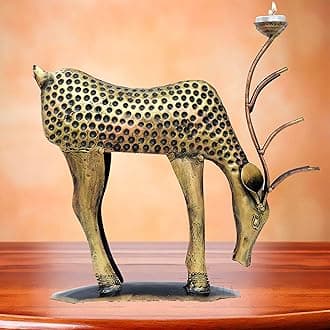 KRAFTSKALA Decorative Showpiece Iron Metal Deer with Tea Light Candle Holder, 14 inch Large Deer Statue Home Decor Item for Living Room, Doorway (Deer)