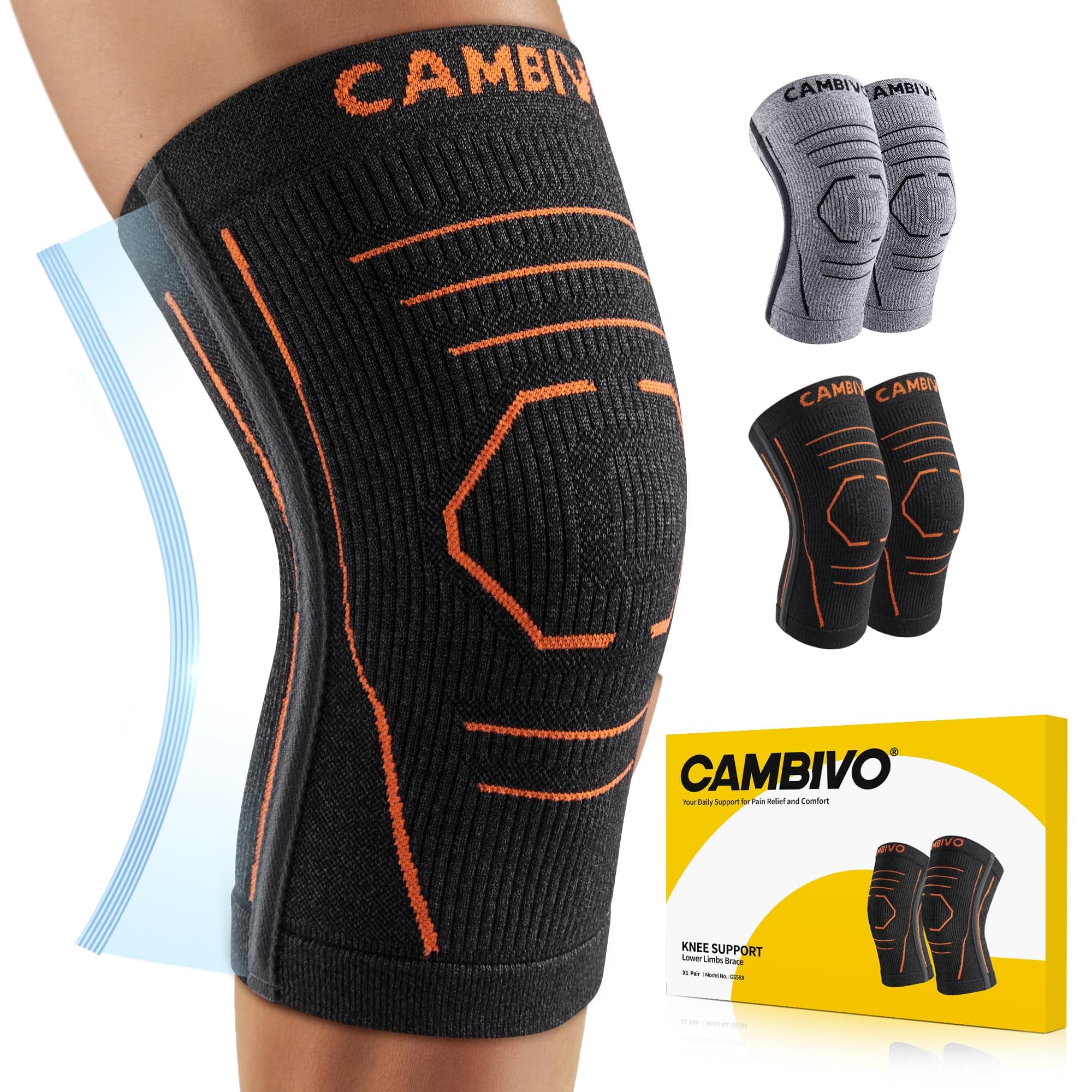 CAMBIVO 2 Pack Knee Compression Sleeves, Knee Brace with Side Stabilizers for Women and Men, Lightweight Knee Sleeves for Knee Pain Relief, Running, Hiking, Workout and Daily Activities (Orange,