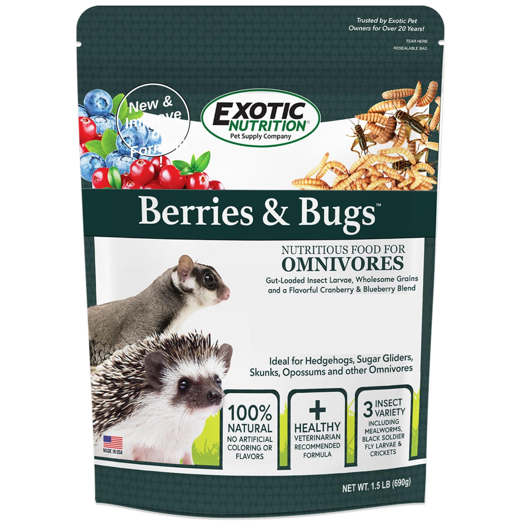 Berries & Bugs 1.5 lb - All Natural High Protein High Fiber Food for Hedgehogs, Skunks, Opossums, Sugar Gliders - Universal Insectivore Diet with Fruit, Gut-Loaded Insects, & Healthy Vitamins