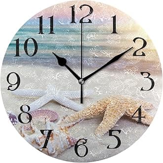 Starfish Sea Wall Clock 9.5 Inch Non Ticking Silent Clocks 3D Summer Beach Round Bathroom Clock Battery Operated Quartz Analog Decorative Desk Clock for Living Room