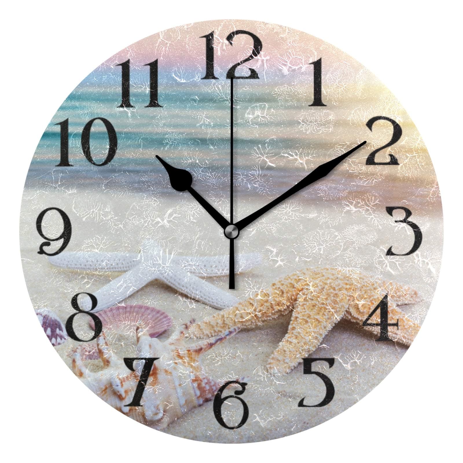 Starfish Sea Wall Clock 9.5 Inch Non Ticking Silent Clocks 3D Summer Beach Round Bathroom Clock Battery Operated Quartz Analog Decorative Desk Clock for Living Room