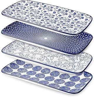 Selamica Ceramic Rectangular Serving Platters Set of 4, 12 Inch Serving Trays/Dishes for Party Entertaining, Rectangular Dinner Plates for Appetizer Salad Dessert Sushi, Vintage Blue