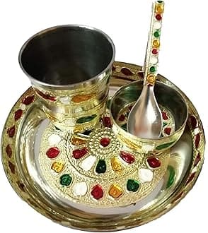 Nimkar's Special Meenakari Work Silver Plated Pooja Bhog Thali for Laddu Gopal/God- 4 Pcs Set