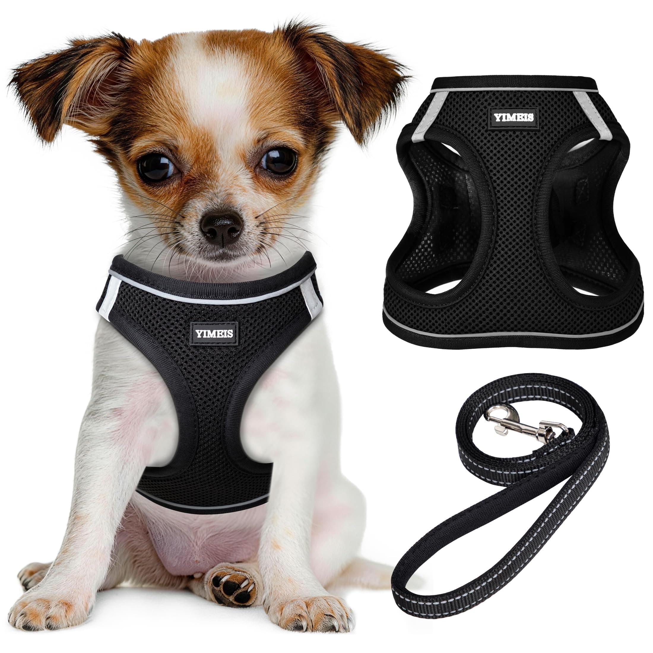 YIMEIS Dog Harness and Leash Set, No Pull Soft Mesh Pet Harness, Reflective Adjustable Puppy Vest for Small Medium Large Dogs, Cats (Black, X-Small (Pack of 1))