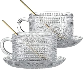 Gezzeny Vintage Coffee Mugs with Saucers 14 Oz Set of 2 Embossed Glass Cups, Tea Cups, Glass Coffee Cups for Cappuccino, Latte,Cereal, Beverage Birthday Valentine's Day Gifts