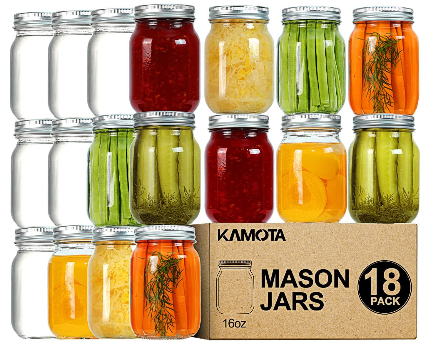 KAMOTA Mason Jars 16 oz With Regular Lids and Bands, Ideal for Jam, Honey, Wedding Favors, Shower Favors,DIY Spice Jars, 18 PACK, 20 Whiteboard Labels Included
