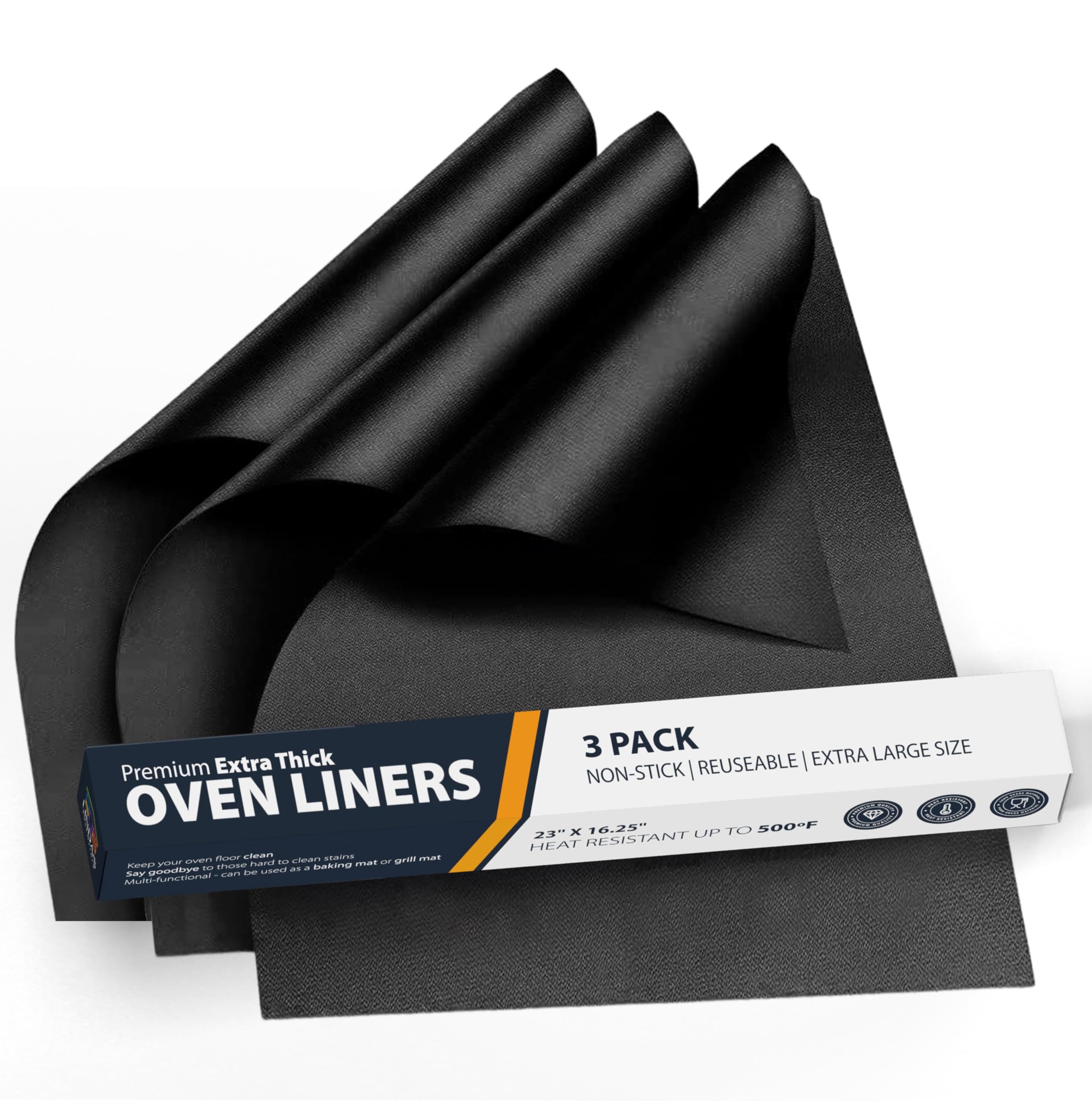 Oven Liners for Bottom of Oven - 3 Pack Large Heavy Duty Mats, 16.25”x23” Non-Stick Reusable Liner for Electric, Gas, Toasters, Grills - BPA & PFOA Free Kitchen Accessory to Keep It Clean (Black)