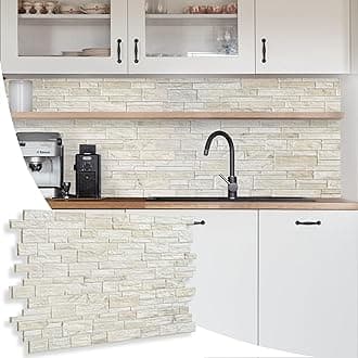 NOVECRAFTO Natural Stone Effect 3D Wall Panelling Kit of 4 pcs, PVC Wall Panel Size 37.59x18.8 in (95.5x48cm) Covering 4.93 ft² (0.46 m²) for Kitchen, Bathroom, Living Room, DIY Natural Stone Beige