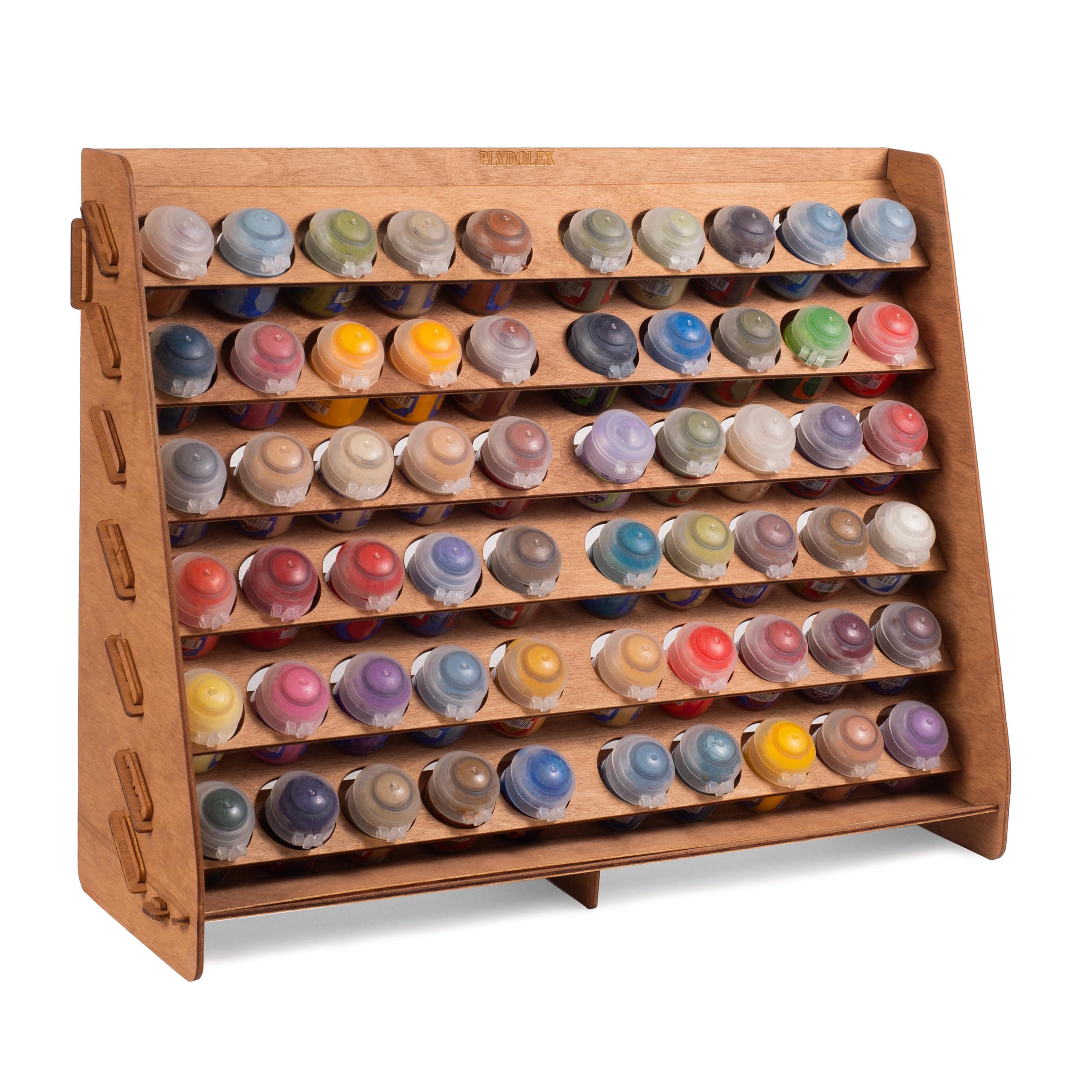 Plydolex Paint Rack for Wall - Suitable for Warhammer 40K, DnD, Pathfinder and Other Miniatures and Figurines - 60 Holes for Citadel Paint Bottles - Plywood Organizer for Wall and Desk