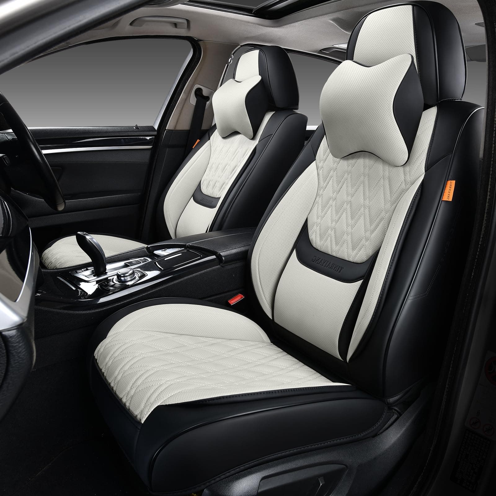 Car Seat Covers Front Pair, Breathable Leather Automotive Front Seat Covers with Headrest, Universal Automotive Vehicle Seat Cover for Most Sedan SUV Pick-up Trucks, Black&Beige