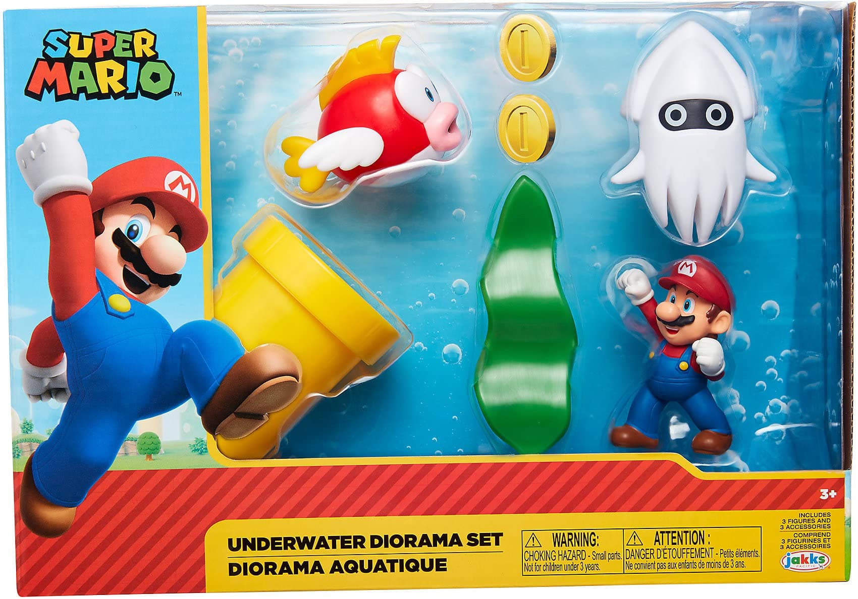 Super Mario Underwater 2.5" Figure Diorama Play Set, Includes: Mario, Cheep-Cheep, Blooper, Mechanical Warp Pipe, Spinning Water Plant & Two Coins