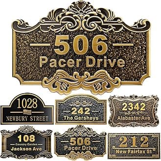 Personalized House Address Plaque 12" Cast Numbers for Outside Custom Street Name Address Sign Plate Vintage for Mailbox Door Room Classic Wall Outdoor Antique Brass