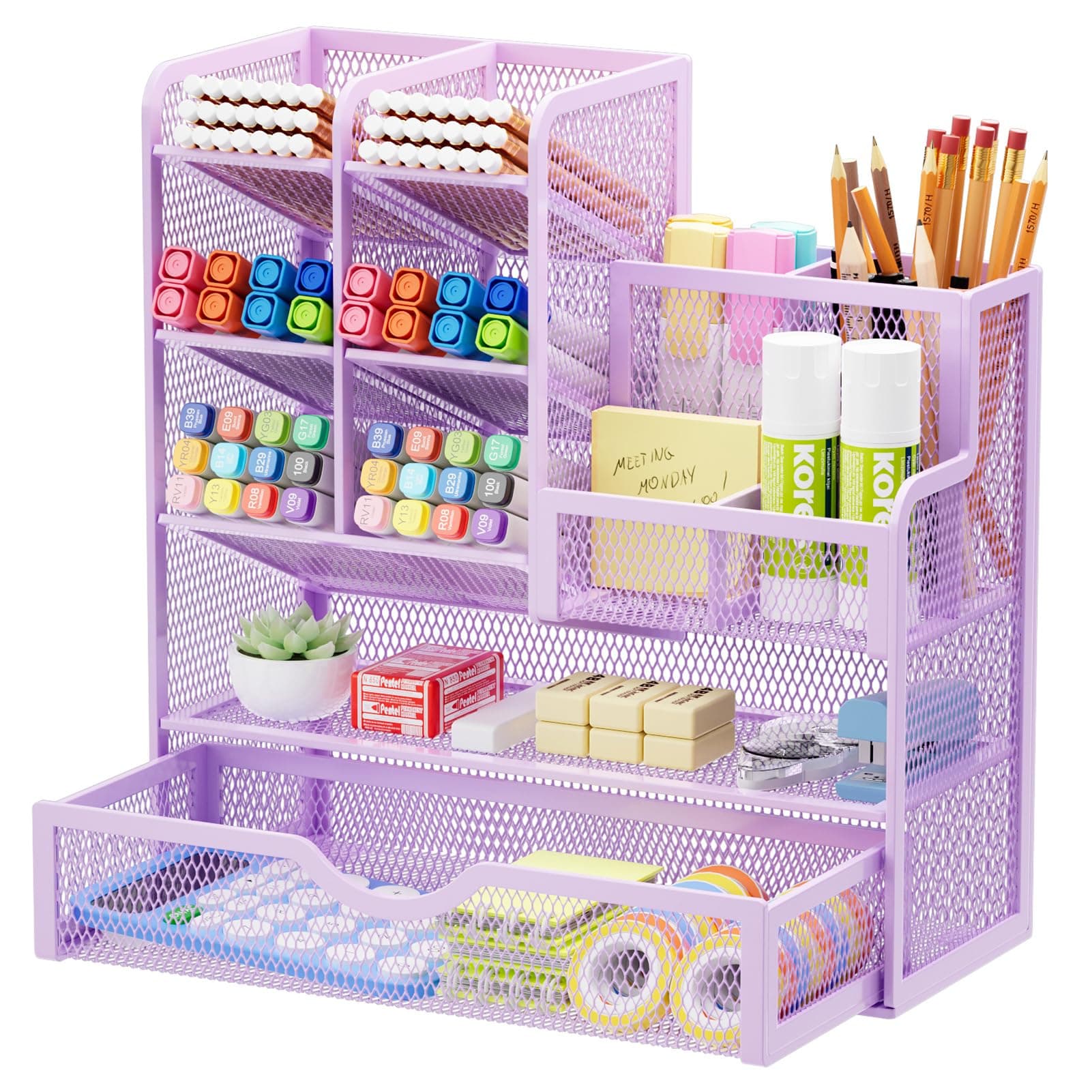 Marbrasse Mesh Pen Holder for Desk, Multi-Functional Pencil Organizer with Drawer, Desk Organizers and Accessories for Office Art Supplies (Purple)