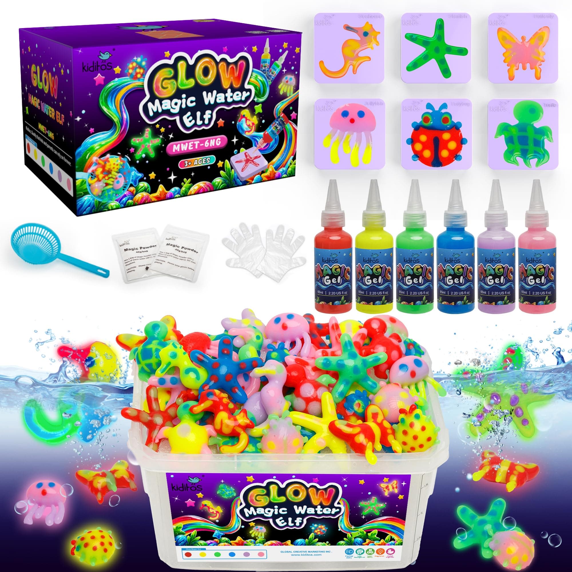 KiditosGlow in The Dark Magic Water Elf Toy Kit, Magic Aqua Fairy Water Gel Kit with 6 Glow in The Dark Colors and 6 Shape Molds,Birthday Gifts,Party Favors,Arts&Crafts DIY STEM Kits for Kids