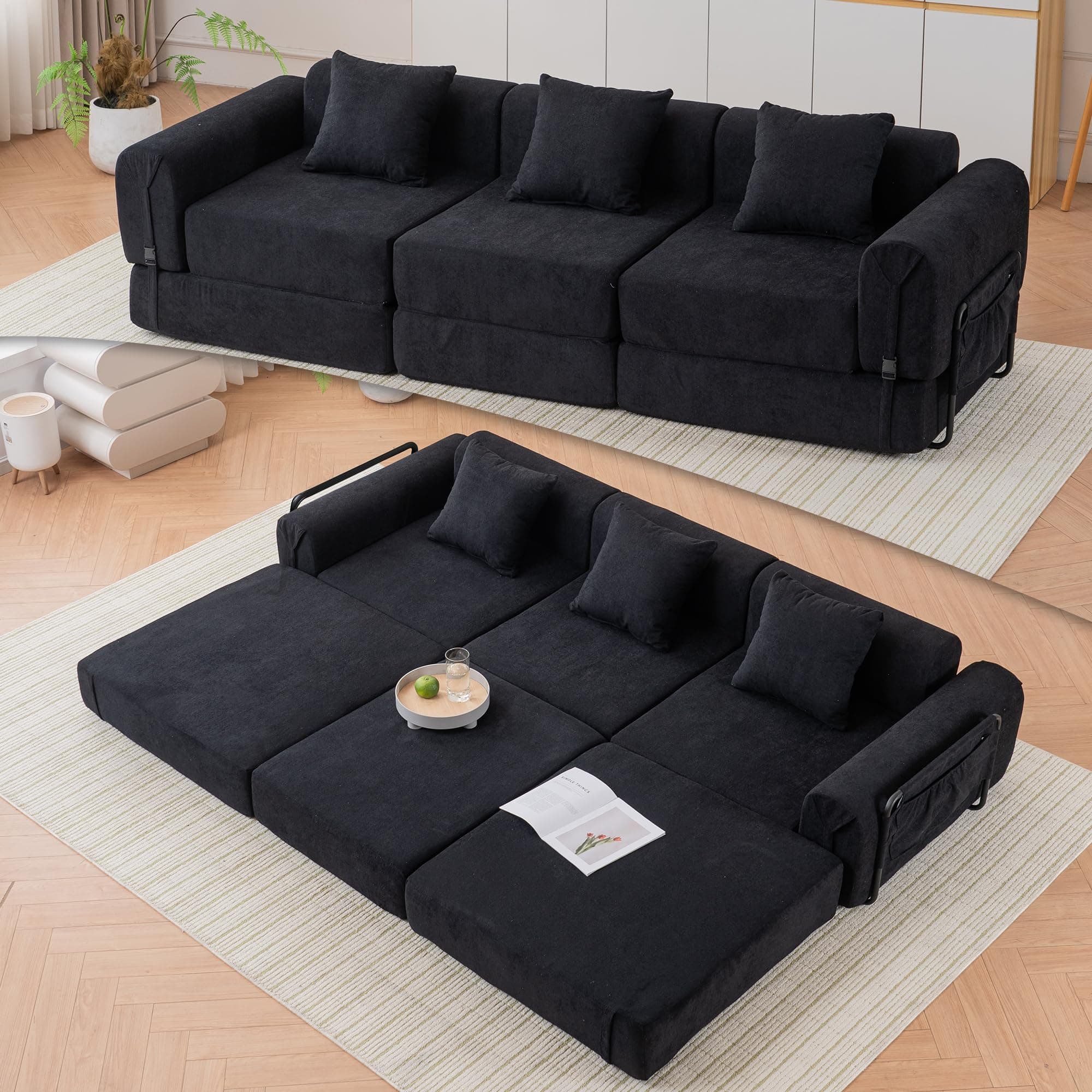 98.81" W Convertible Sectional Sleeper Sofa Bed, Comfy Fleece Folding Mattress Couch with Fixed-Shape Frame,Boneless Floor Lounge Couch Set for Living Room Apartment Office Bedroom