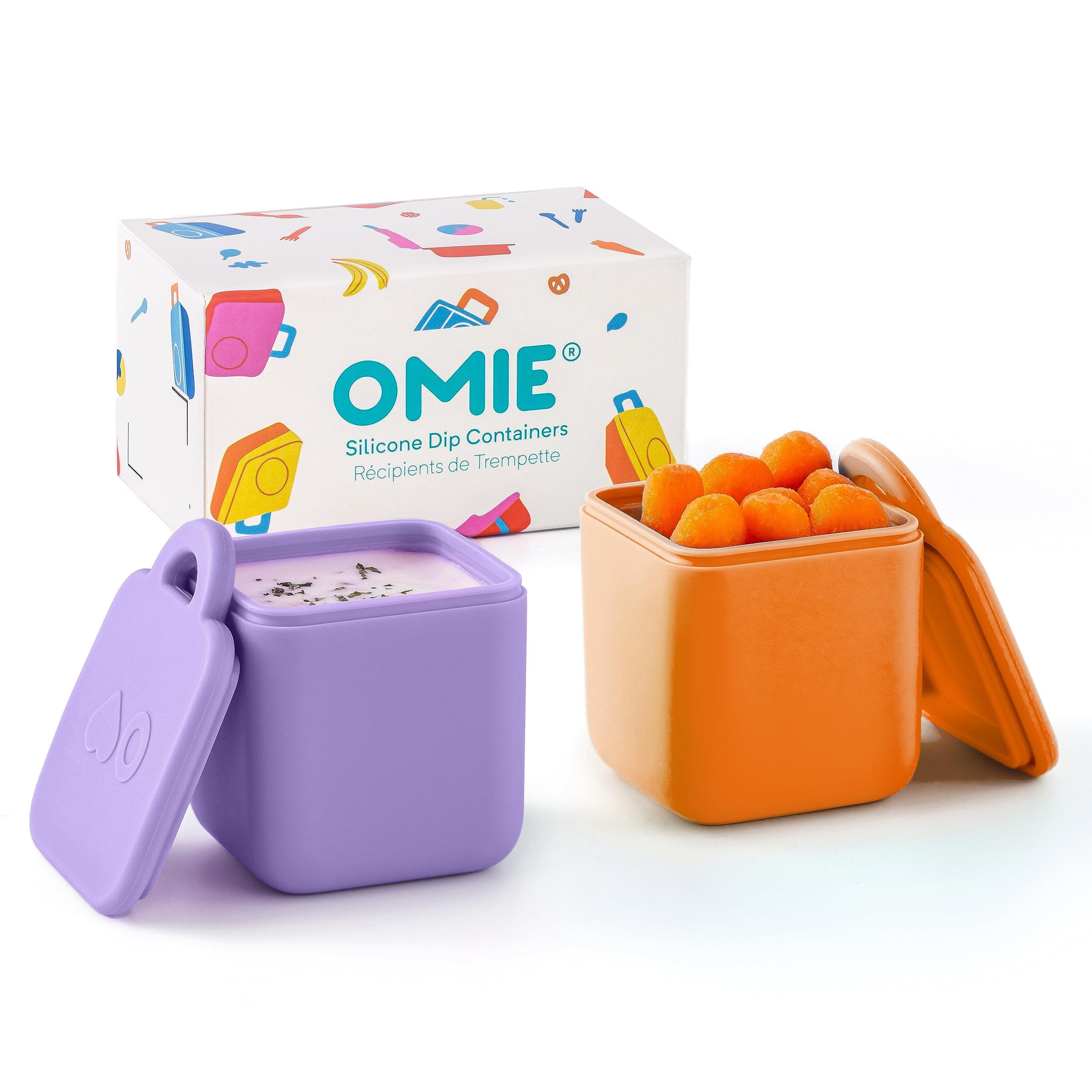 Omie OmieBox (2 Pack) Leak Proof Dip Containers Salad Dressing Containers Condiment Containers with Lids, Food Safe Silicone, 4oz (Purple/Orange)