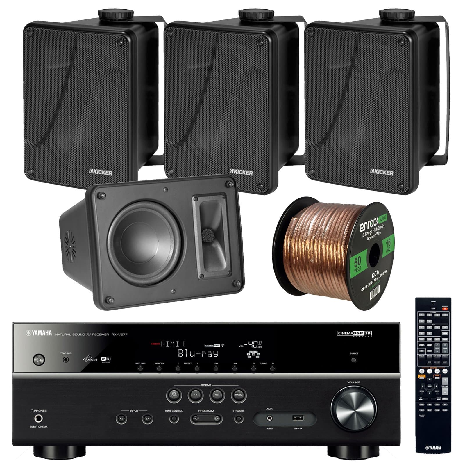 Yamaha RX-V577 - 7.2-Channel Home Theater Bluetooth USB Wifi & Apple AirPlay Receiver - Bundle Combo With 4x Kicker KB6000B 6.5" 150W Black Bookshelf Waterproof Speaker + Enrock 50 Feet 16-Gauge Wire