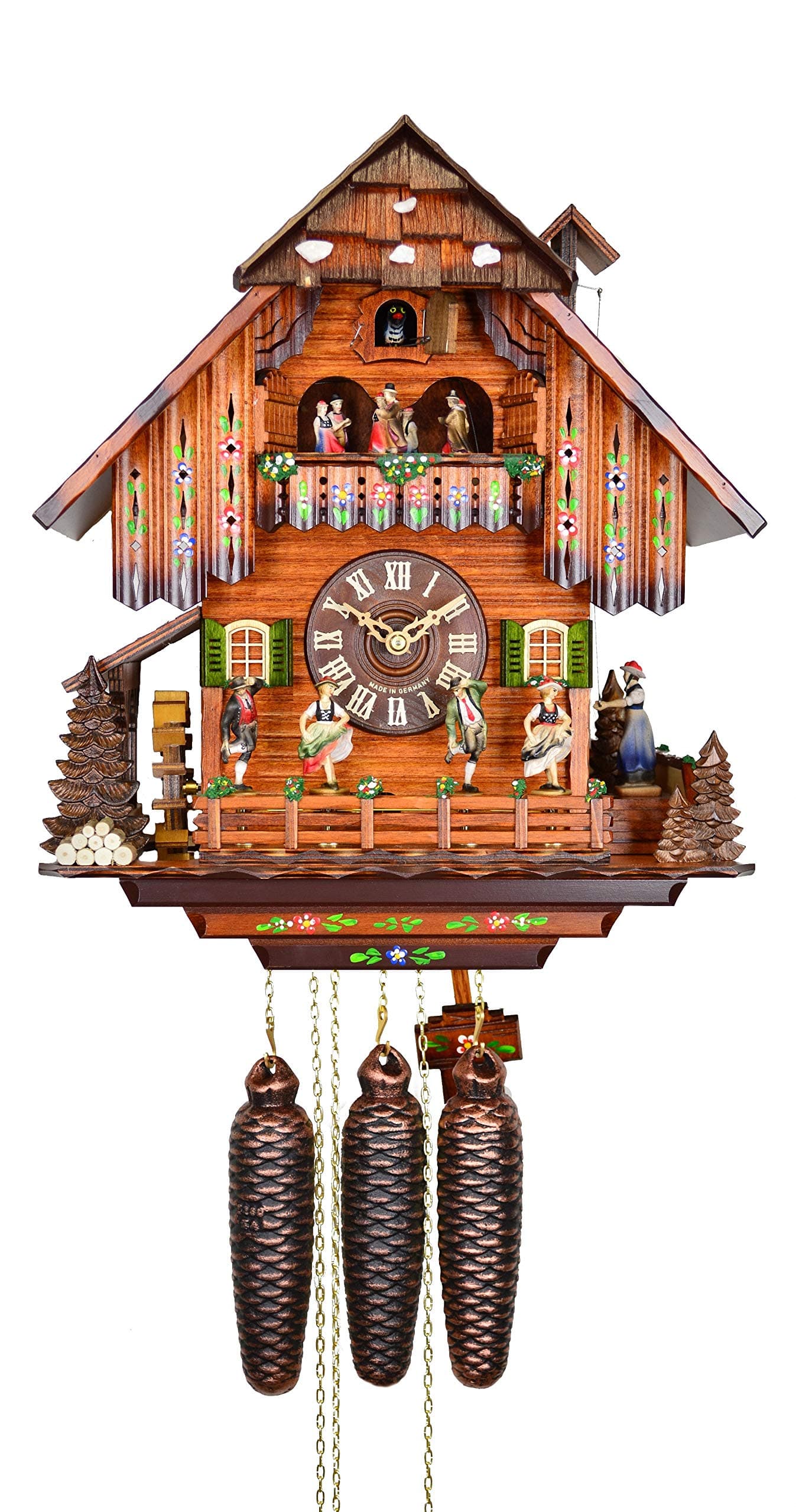 August Schwer Cuckoo Clock Big Black Forest House with Mill Wheel, Music and Dancers