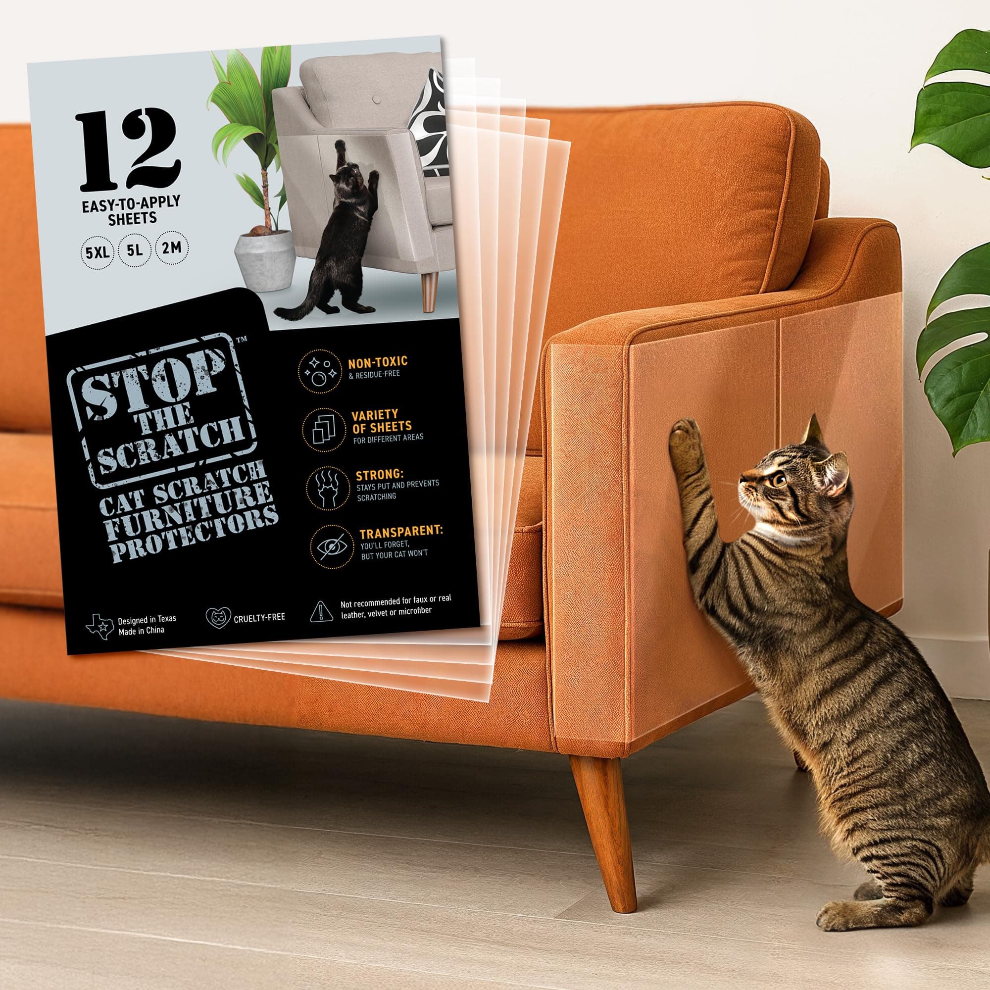 Pro Strength Cat Scratch Deterrent Tape – 12 Clear Double-Sided Sticky Sheets to Protect Furniture – Pet-Safe, Transparent Anti-Scratch Adhesive for Cats