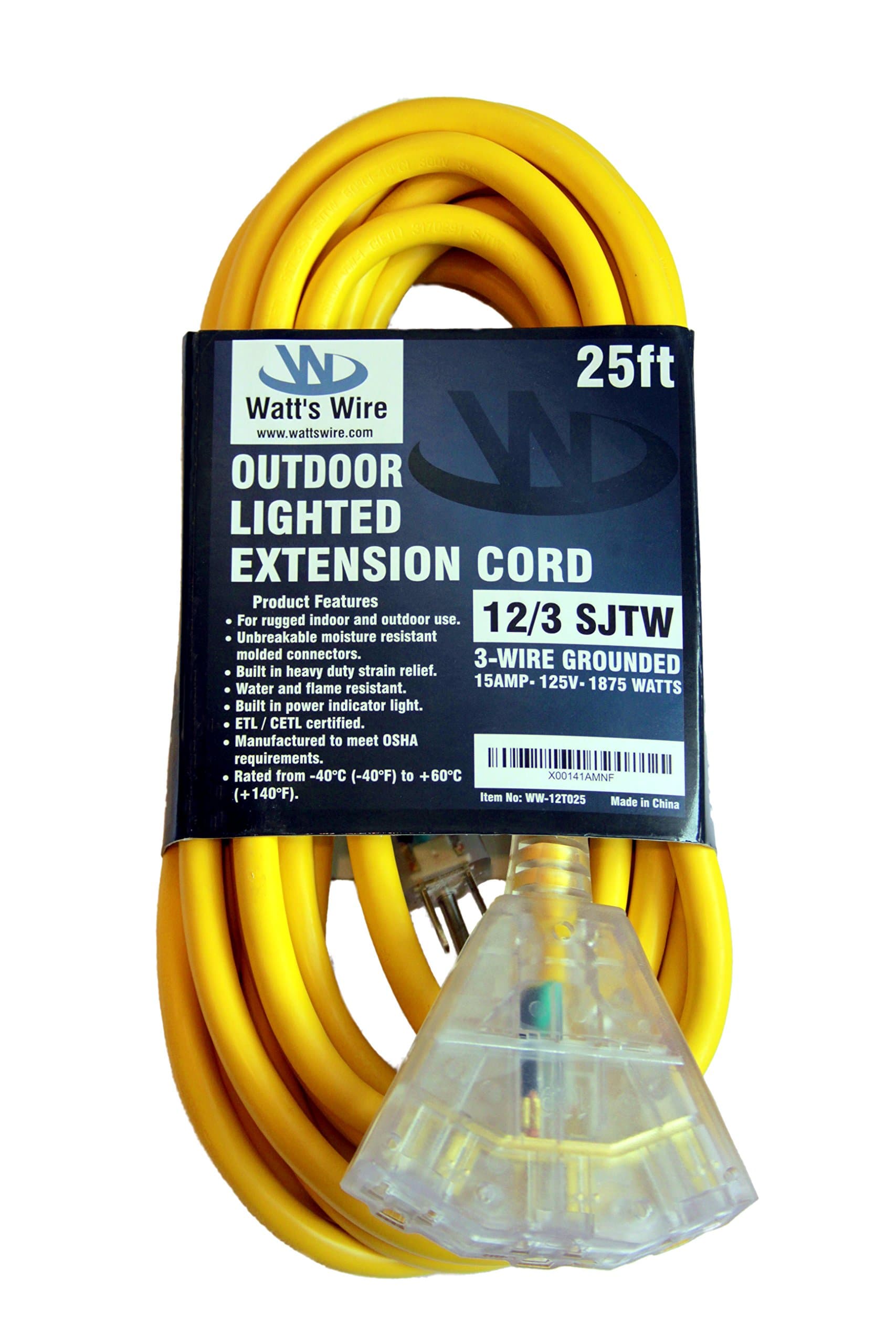 25-ft 12/3 Heavy Duty 3-Outlet Lighted SJTW Indoor/Outdoor Extension Cord by Watt's Wire - Yellow 25' 12-Gauge Grounded 15-Amp Three-Prong Power-Cord (25 foot 12-Awg)