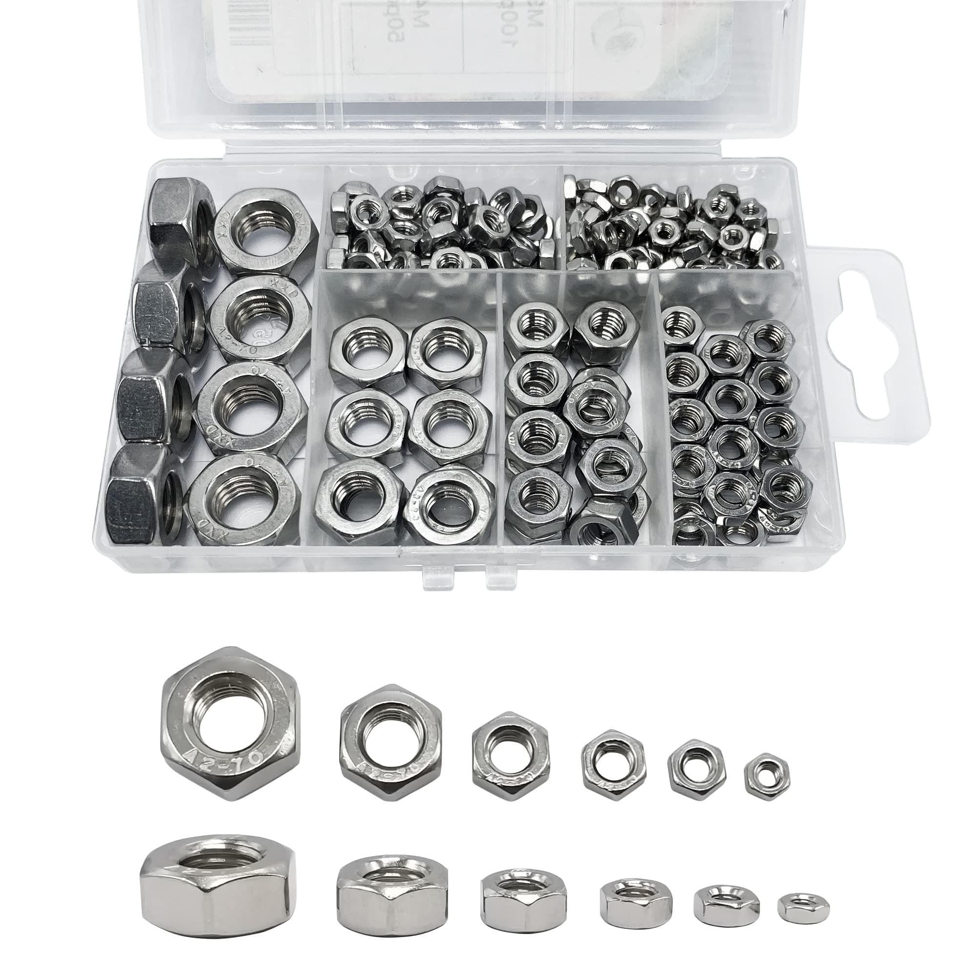 210PCS 304 Stainless Steel Hex Nuts Assortment Kit for Screw Bolt with 6 Sizes DIN 934 (M3 M4 M5 M6 M8 M10) Great Replacement Fasteners for Professionals, Repairmen or DIY, Meet Your Every Needs