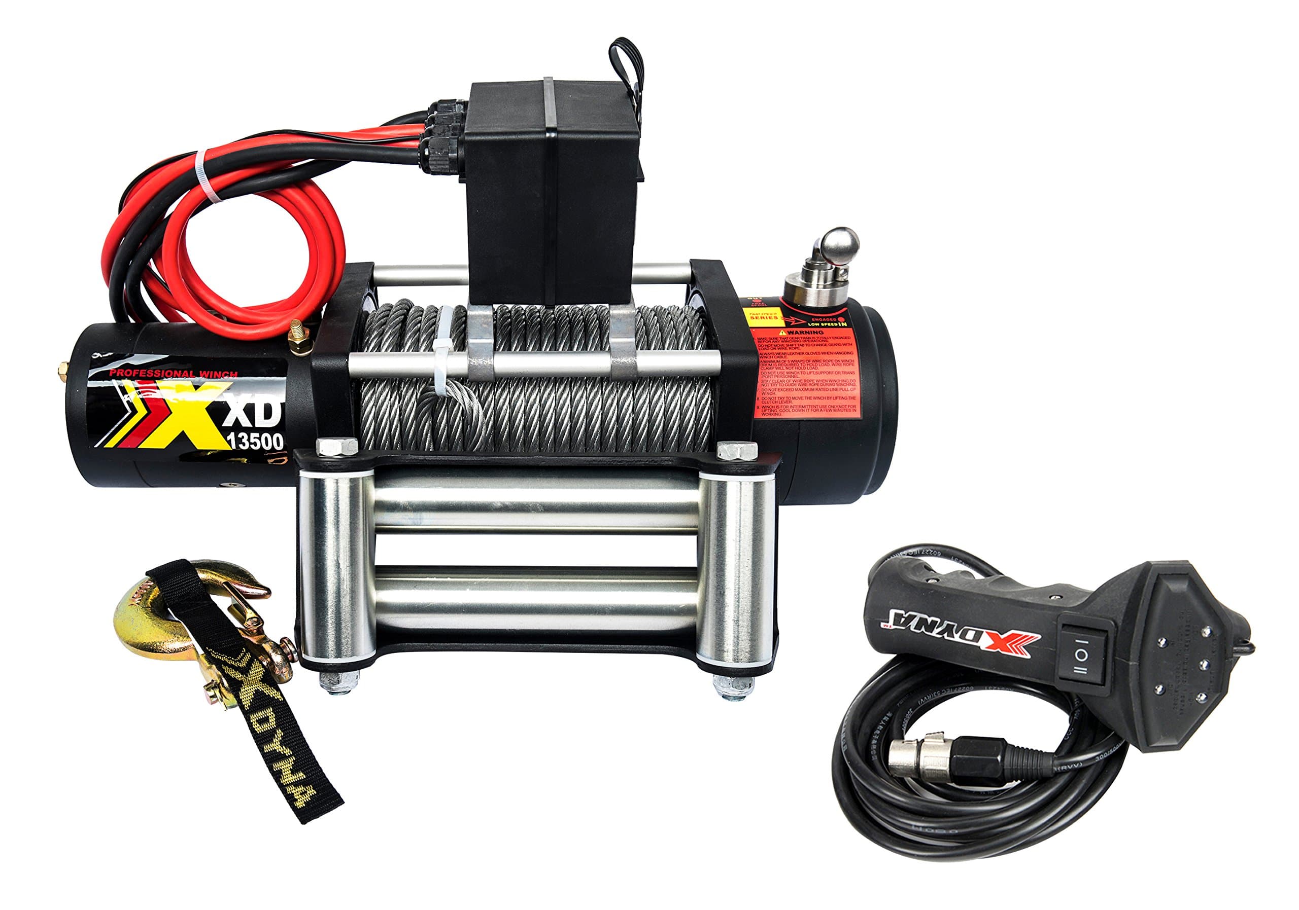 13500lbs 12 V Waterproof Winch with Adjust Torque Limited Protector, Intelligent Remote Handle Showing Load Red Warning,100% Engaged Stainless Clutch, Wire Cable, Used to SUV Track