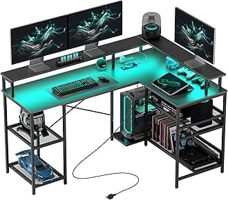HOMCOML Shaped Gaming Desk with LED Lights and Power Outlets, 59" Corner Computer Desk with Monitor Stand and Storage Shelves for Home Office, Small Space, Black