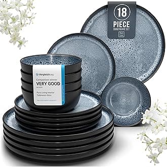 18 Piece Dinner Sets for 6 People - Beautiful Mediterranean Style Stoneware Dinner Set for 6 - Dishwasher & Microwave Safe Plates and Bowls Set for 6 - Dinnerware Sets by Pure Living in Smokey Blue