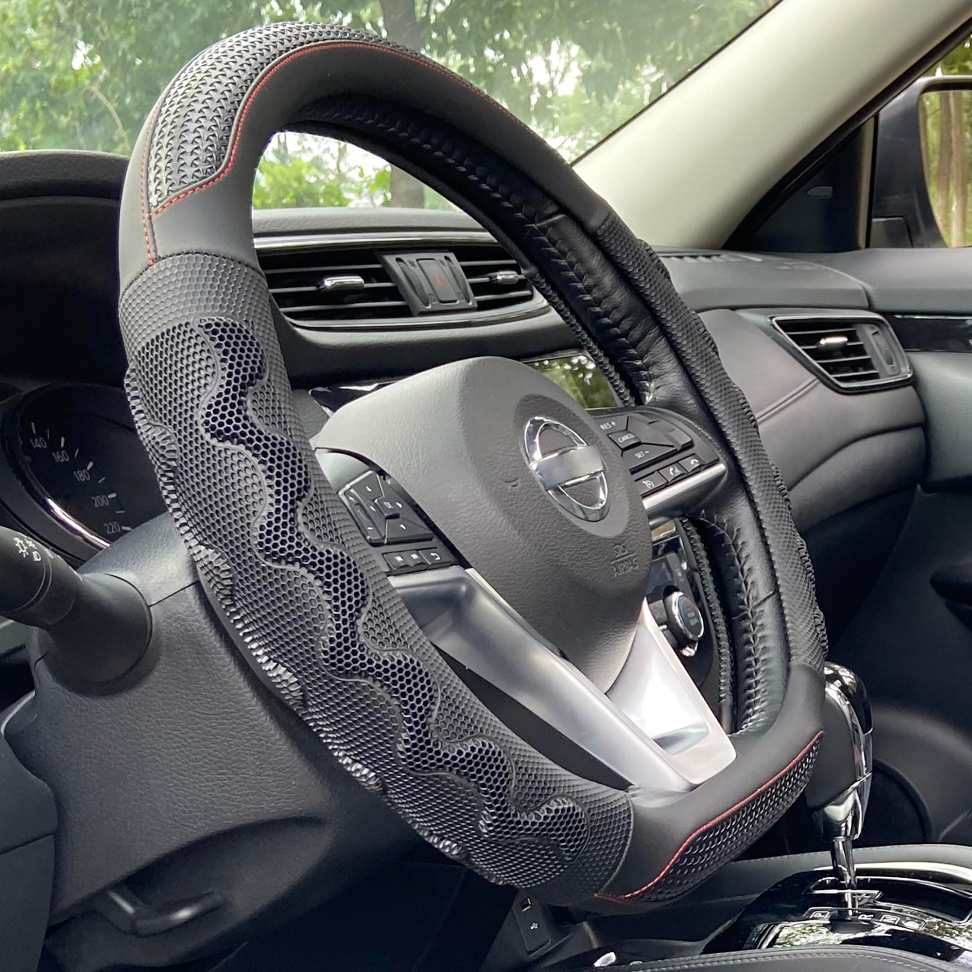 PINCTROT D Shaped 14.5-15 Inch Steering Wheel Cover Great Grip with 3D Honeycomb Anti-Slip Design, Flat Bottom 14.5-15 Inch (Black/Red Stitch)