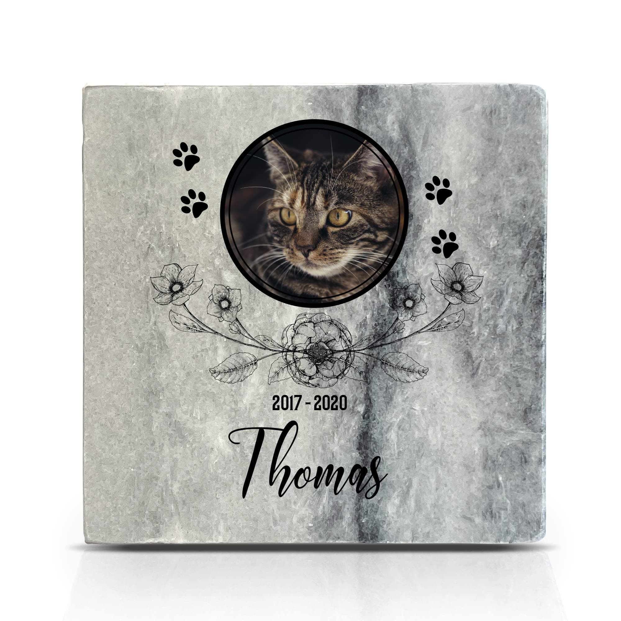 Personalized Memorial Grey Marble Natural Stone Plaque for Pet Cat Dog Frame Paw Grave Marker - Floral - Size | 4" x 4" or 10 x 10 cm|