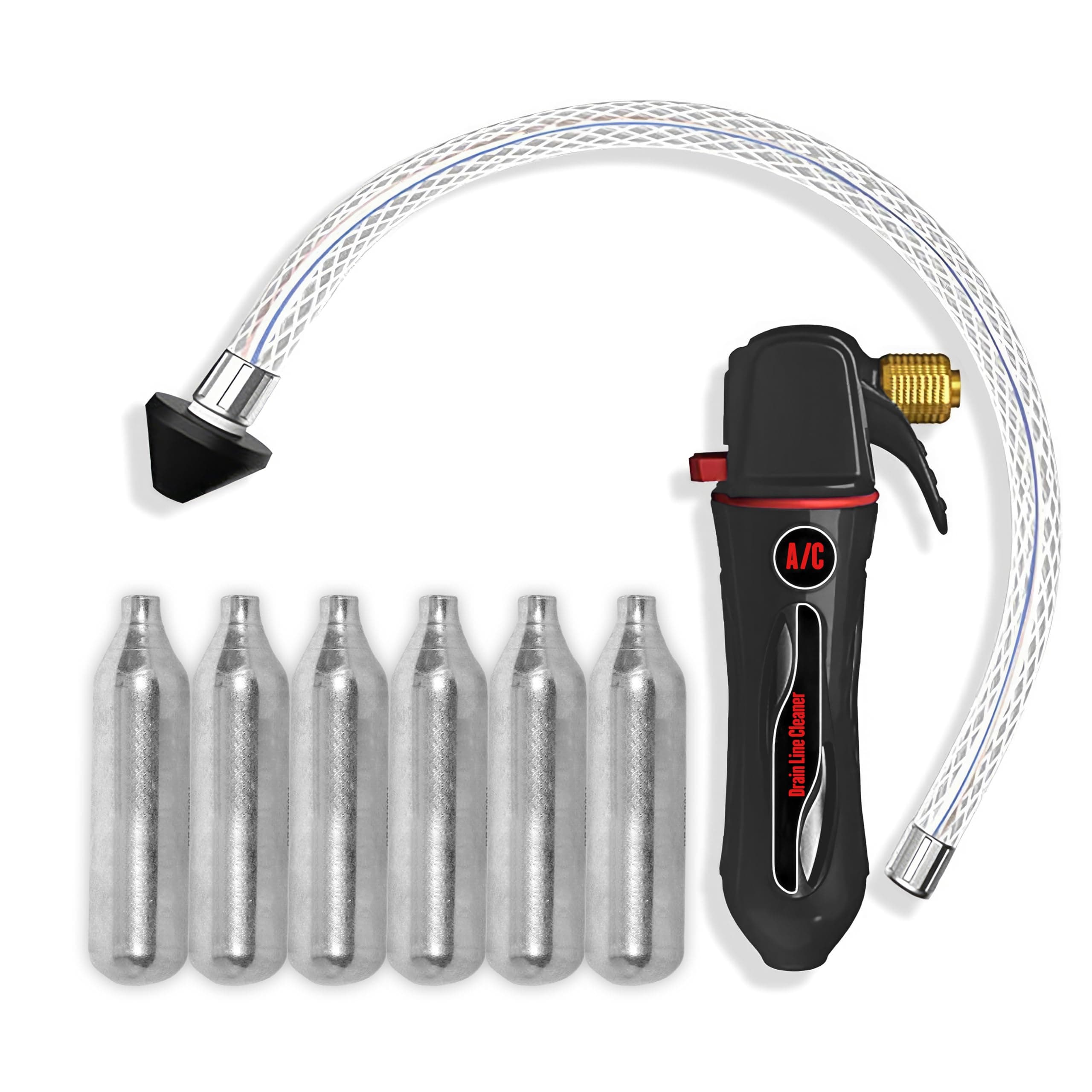 BRODYS Drain Gun - AC Drain Line Cleaner Device, with a flexible hose to Clear all HVAC Clogs, (Comes with 6 Unthreaded CO2 Cartridges, AC Cleaner Blaster Opener Kit