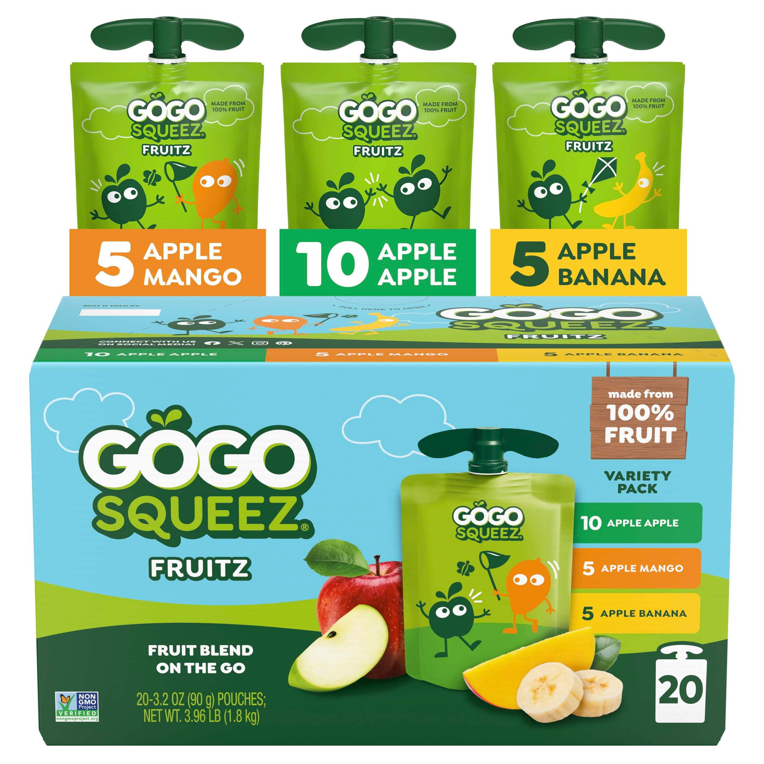 GoGo squeeZ No Sugar Added Applesauce and Fruit Puree Variety Pack, Apple, Mango & Banana, 3.2 oz Pouches (Pack of 20), Fruit Snacks for Kids, Gluten Free, Nut Free, Recloseable Cap, BPA Free