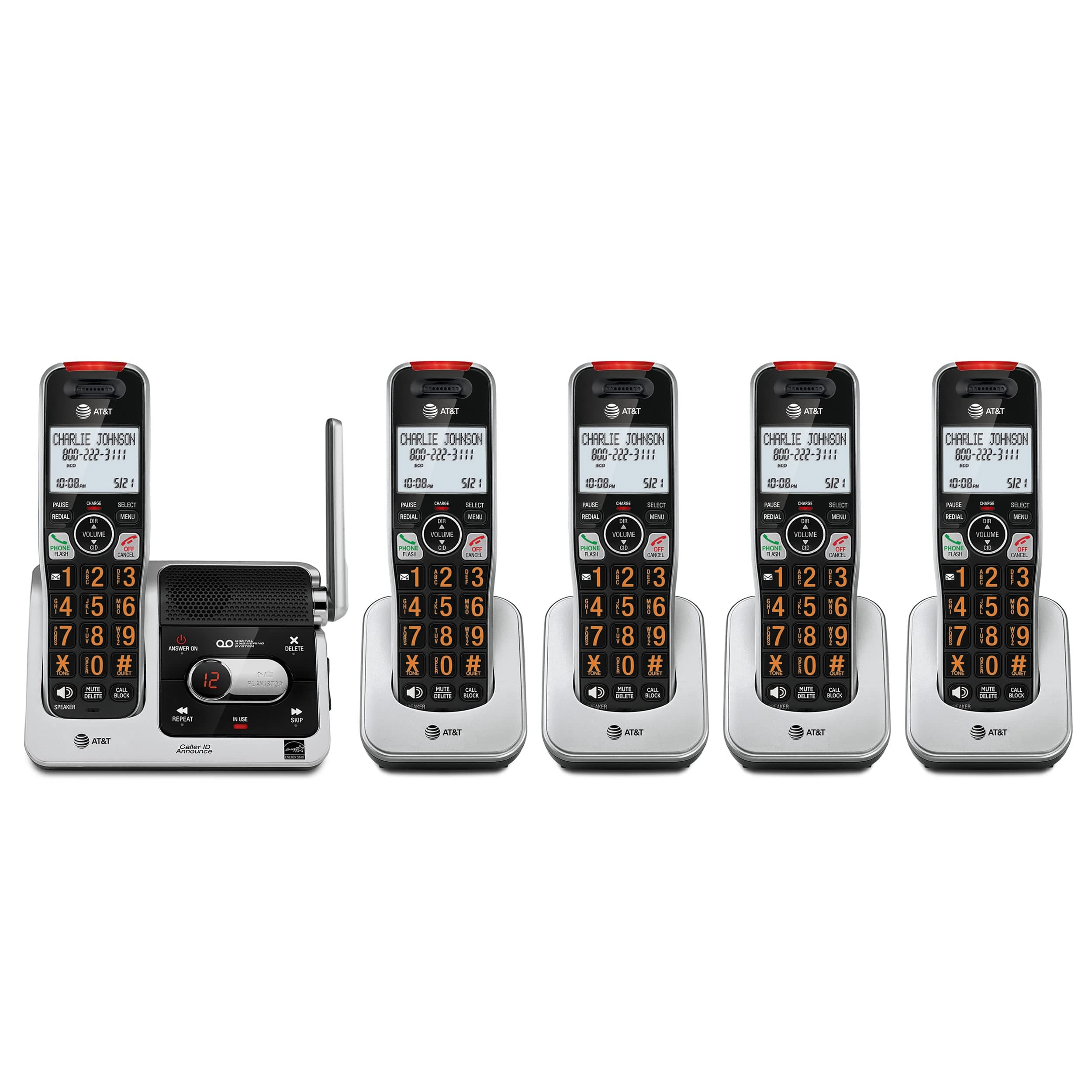 BL102-5 DECT 6.0 5-Handset Cordless Phone for Home with Answering Machine, Call Blocking, Caller ID Announcer, Audio Assist, Intercom, and Unsurpassed Range, Silver/Black