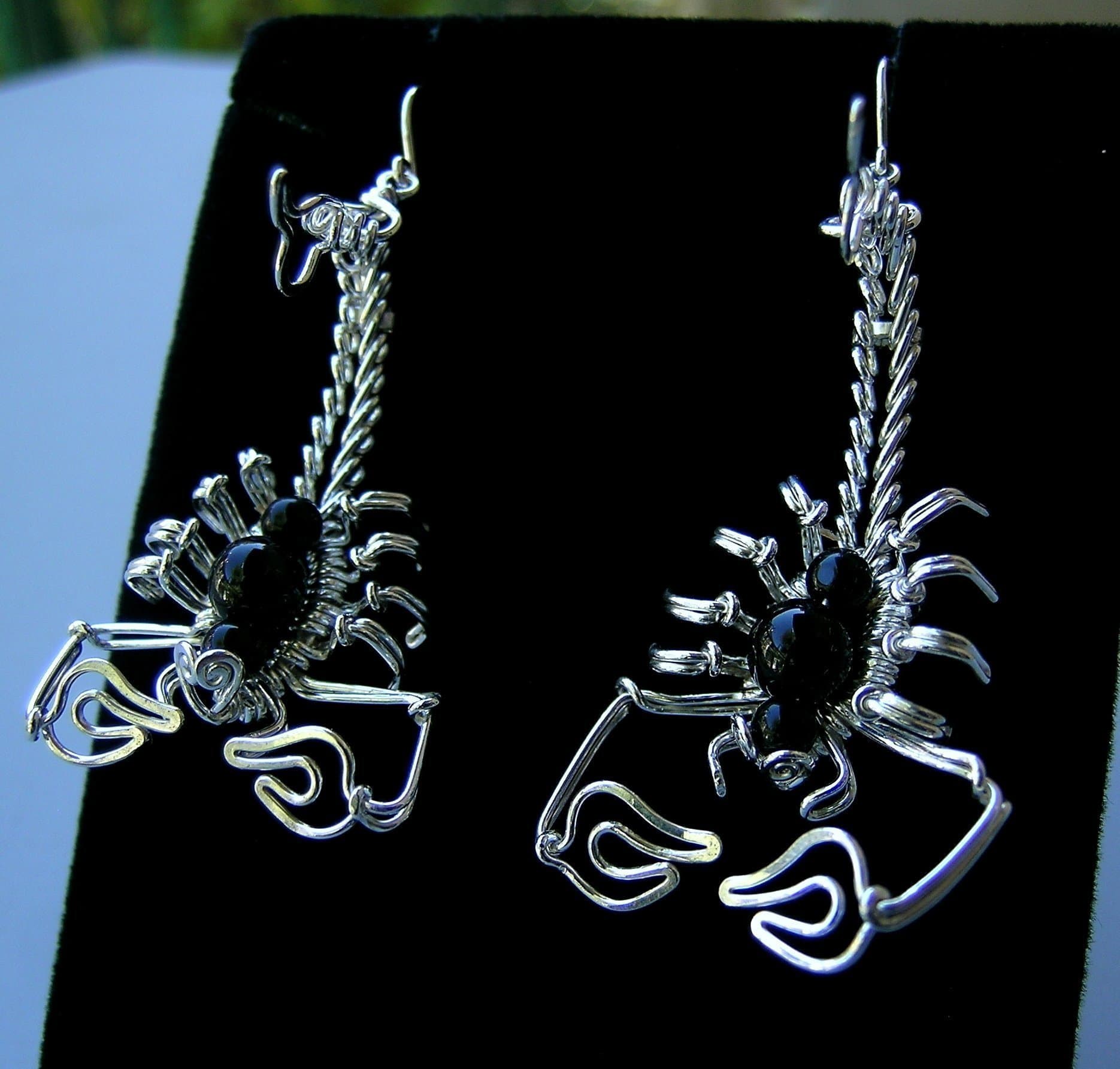 silver scorpion earrings, sterling silver 925 dangle scorpio, handcrafted earrings with black Onyx. jewlry art gothic statment earrings.