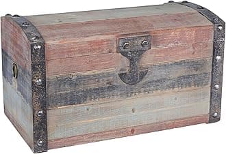 Household Essentials Small Wooden Storage Trunk, Weathered Wood with Paint Finish, Hinged Lid with Metal Accents