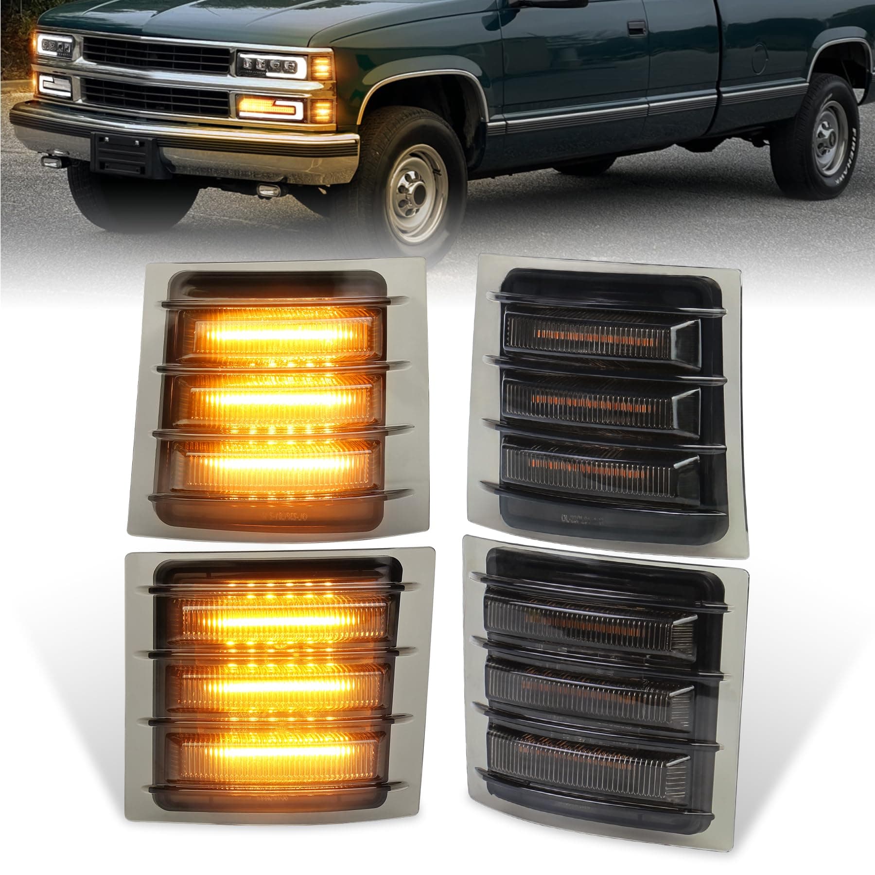 LED Side Marker Lights with Amber Sequential Turn Signal Side Corner Lights Smoked Lens Compatible with 1994-1998 Chevy C/K 1500 2500 3500 Suburban Silverado Tahoe(NOT FIT for GMC)