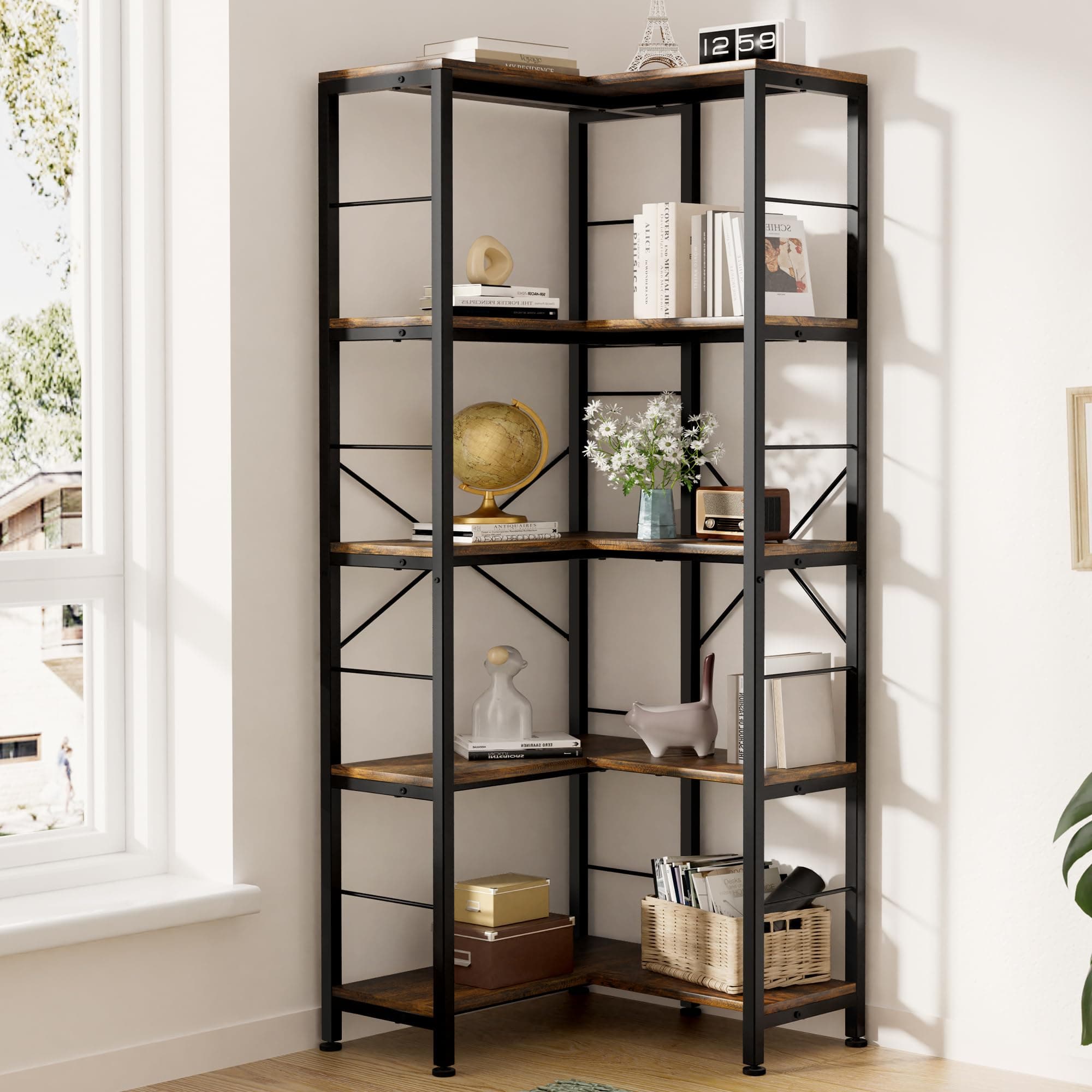 5-Tier Corner Bookshelf, 70.86" Tall Corner Bookcase,5-Shelf Industrial L-Shaped Coner Shelf with Metal Frame for Home Office,Living Room,Bed Room(Rustic Brown)