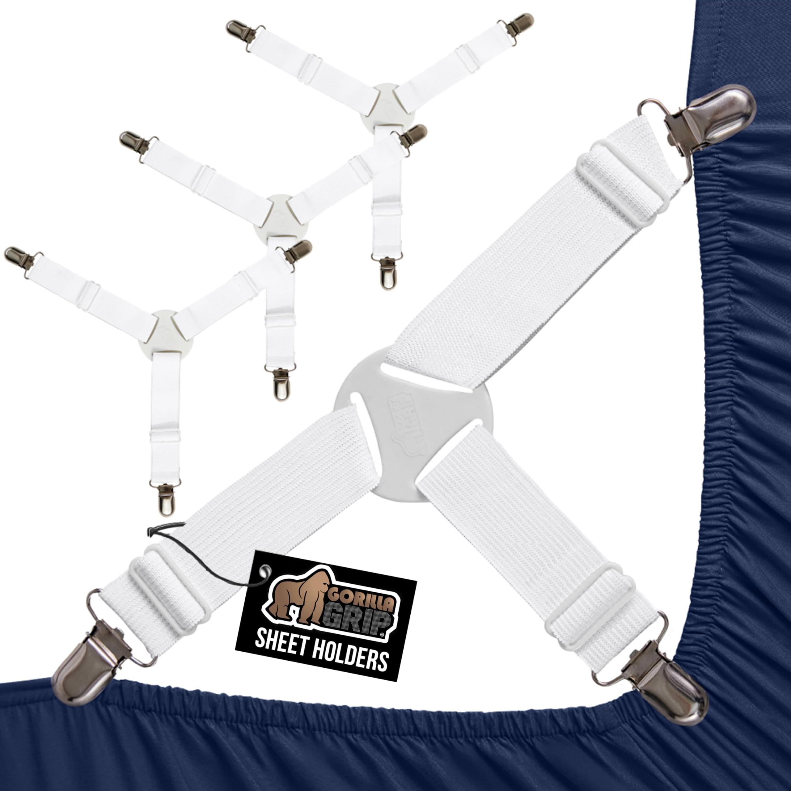 Patent Pending Bed Sheet Holders, Adjustable Elastic Fasteners with Metal Clips, Keep in Place Fitted Bedding Straps, Firm Tight Suspenders for Mattress, US Designed, 4 Pack White